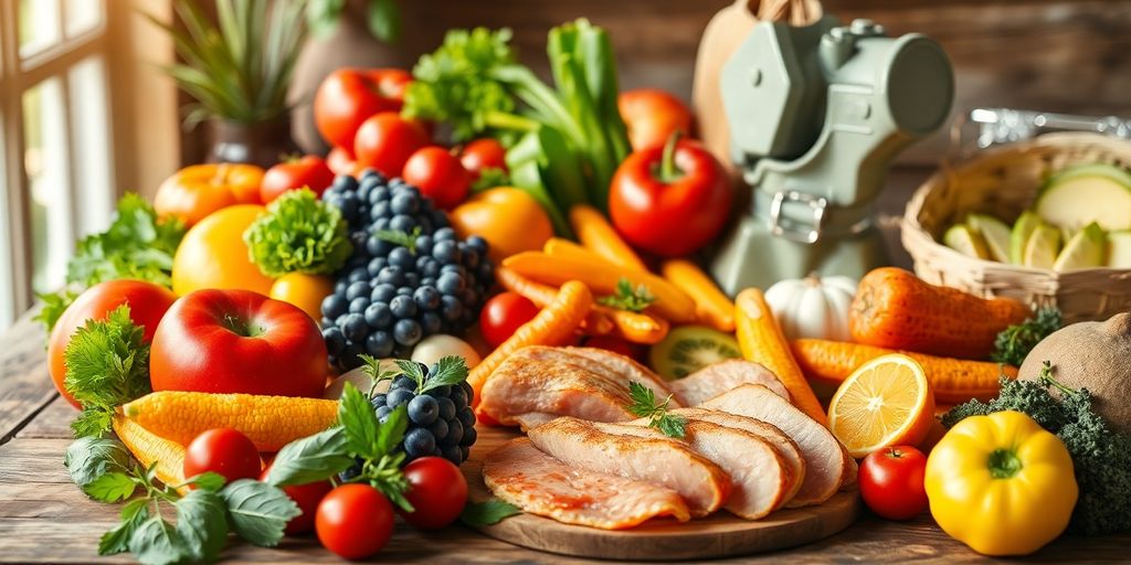 Alimentos saudáveis sobre uma mesa de madeira rústica