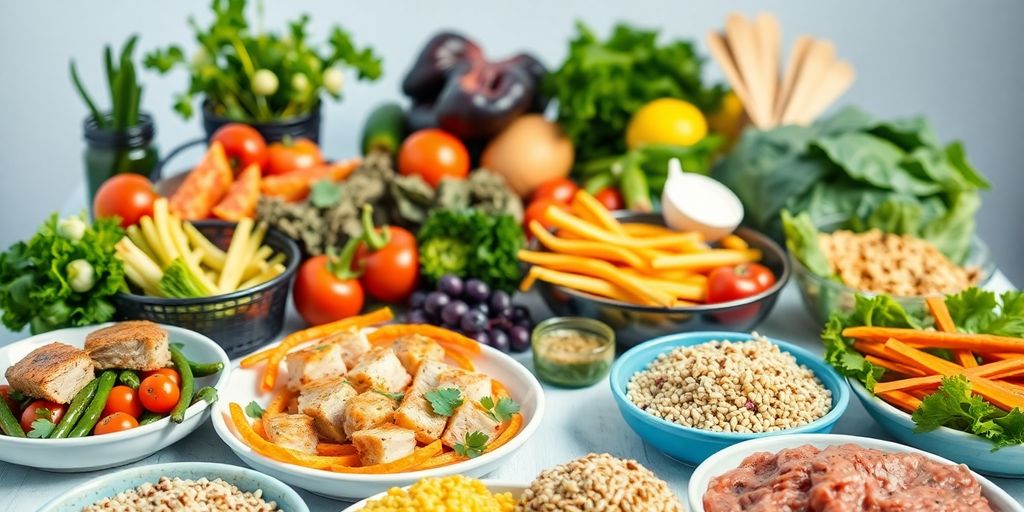 Pratos coloridos com alimentos saudáveis e frescos.