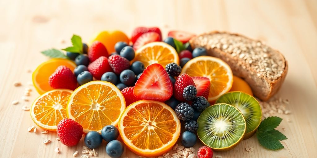 Frutas coloridas e carboidratos saudáveis em uma tigela.