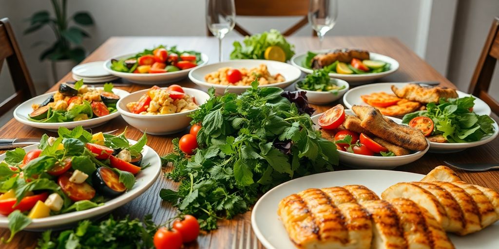 Mesa de jantar com pratos saudáveis e coloridos.