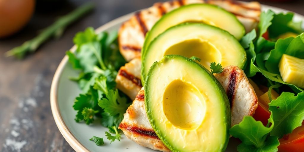 Prato saudável de dieta cetogênica com frango e abacate.