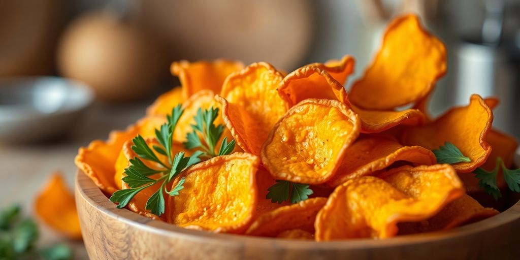 Chips de batata doce crocantes em uma tigela rústica.