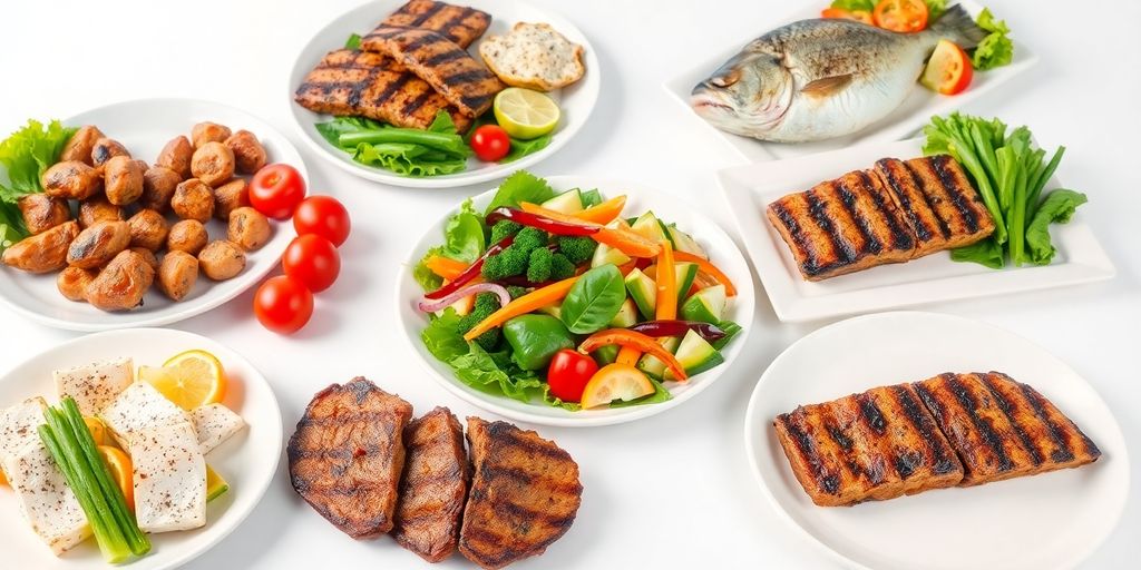 Pratos coloridos com carne, peixe e vegetais frescos.