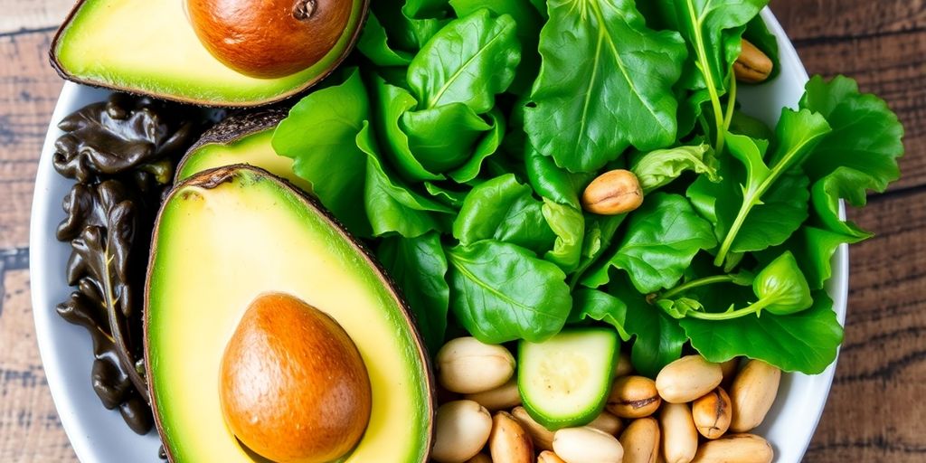 Prato saudável com abacate, vegetais verdes e nozes.